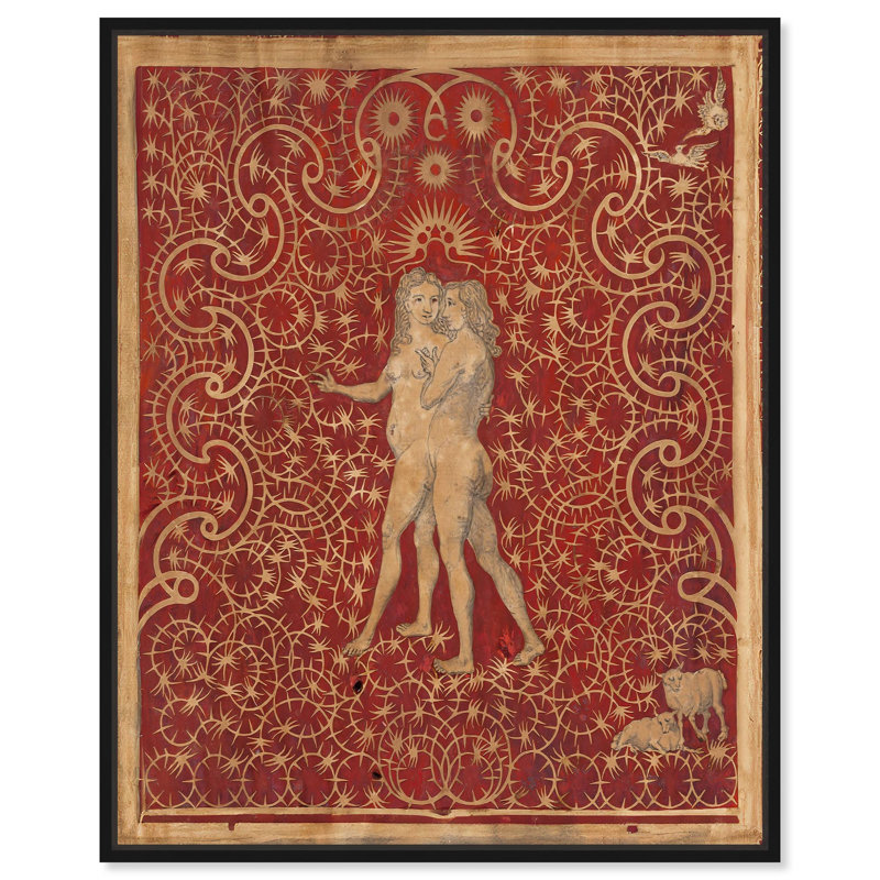 Adam et Eve dans le jardin , H 21 po x l 17 po, Cadre flottant noir