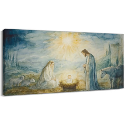 Nativity Canvas Wall Art - O Holy Night Nativity Scene Painting, Christmas Nativity Wall Decor, Nativity Pictures Wall Decor for Living Room, Framed Wrapped Canvas Print, 16×32 inches