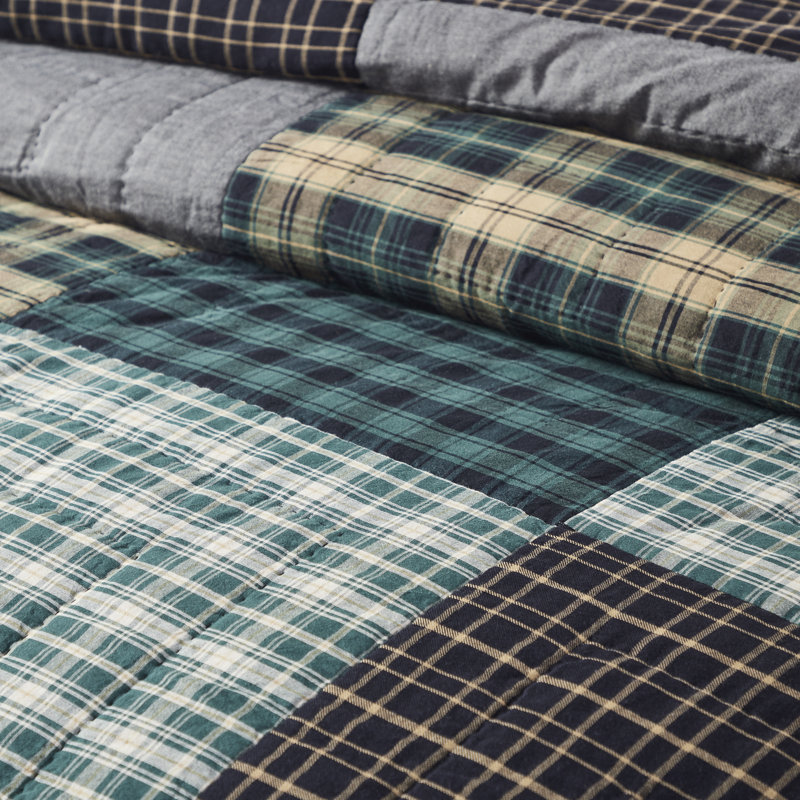 Queen Black and Green Cotton Reversible Patchwork Quilt