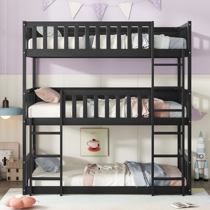 Full Over Full Bunk Bed with Twin Trundle, Solid Rubber Wood, Ladder & Guardrails, Convertible to 2 Full Beds, Light Gray