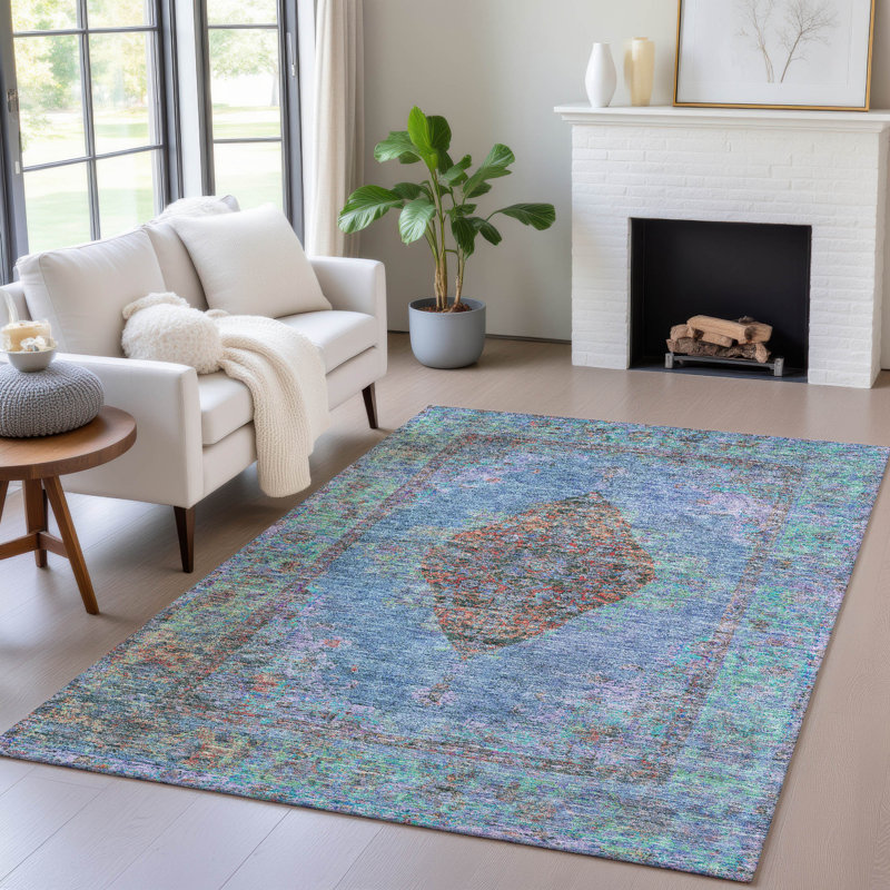 Machine Washable Indoor/Outdoor Xhevrie Blue Rug, Rectangle 9' x 12'