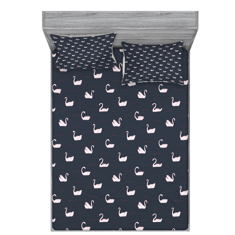 Swan Microfiber Patterned Fitted Sheet, Queen Fitted Sheet with 2 Pillowcases