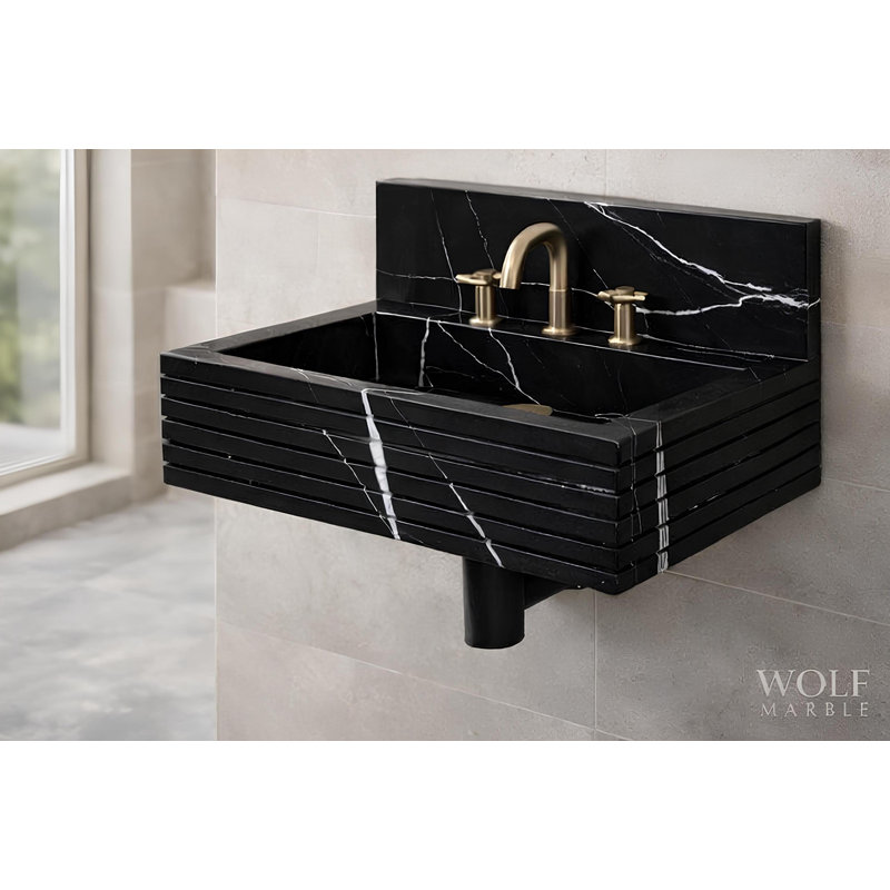 Lavabo mural en marbre noir ciselé à la main Nero Marquina - taille personnalisée - 32 po x 16 po x 8 po