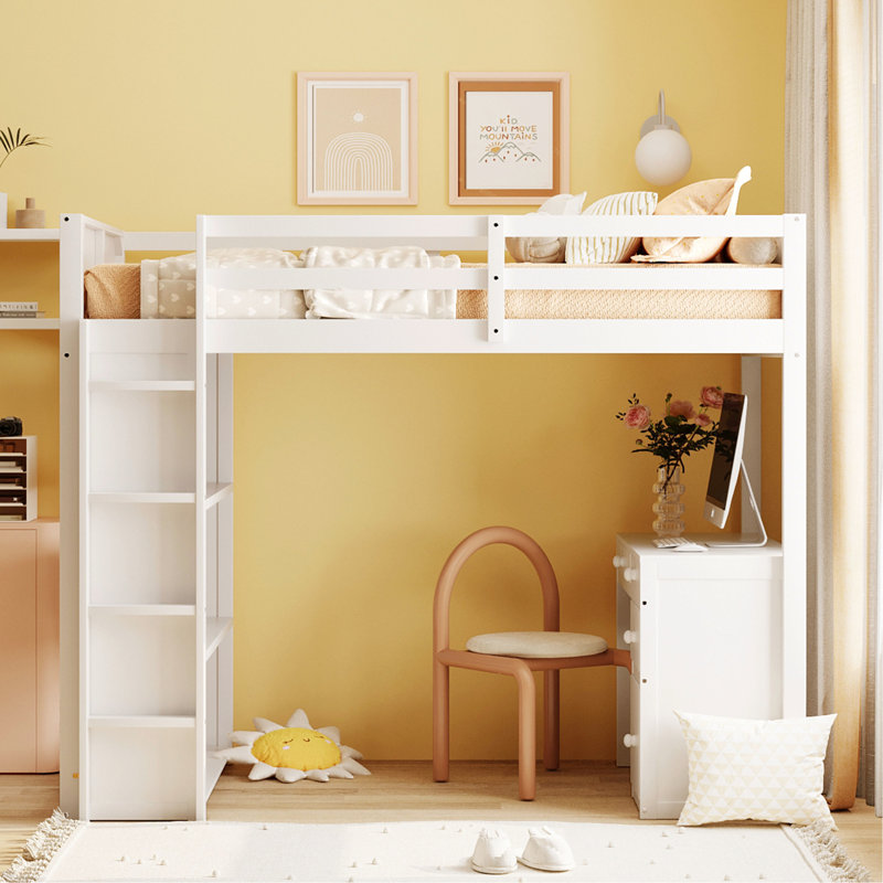 Lit mezzanine simple avec tablettes et bureau - Blanc
