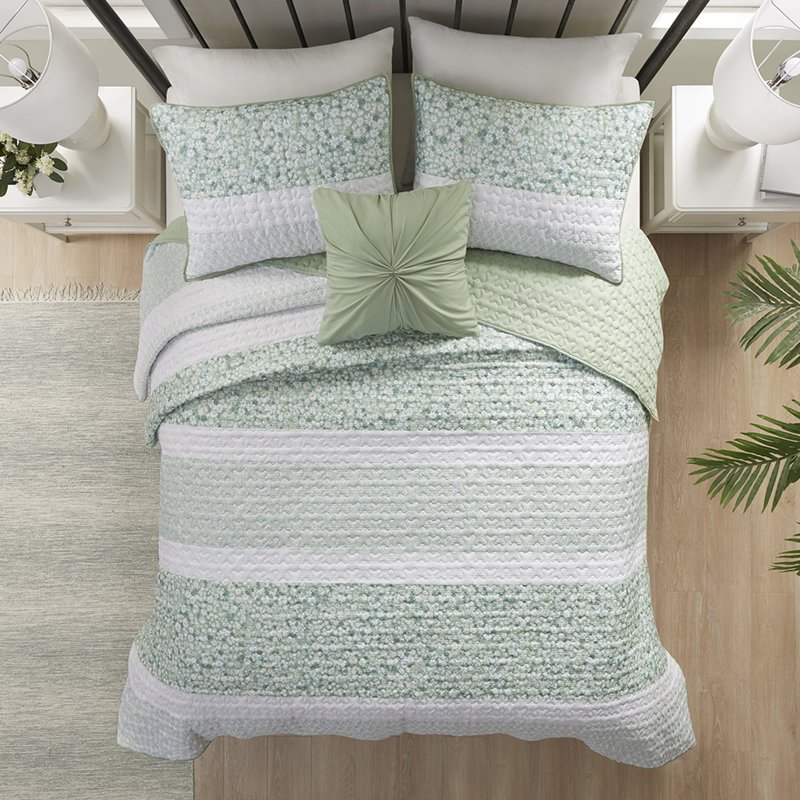 Ensemble de literie 4 pièces pour lit double/queen avec courtepointe en seersucker, style, lavable à la machine, comprend un coussin décoratif. Couette pour lit double/queen, motif botanique, rembourrage, style décoratif