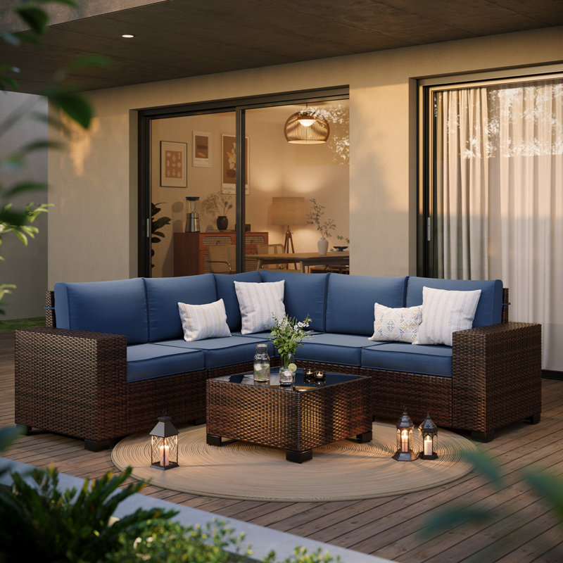 Earling 5 - Person Modular Wide Armrest Outdoor Rattan Sectional Seating Group - Thumbnail 2