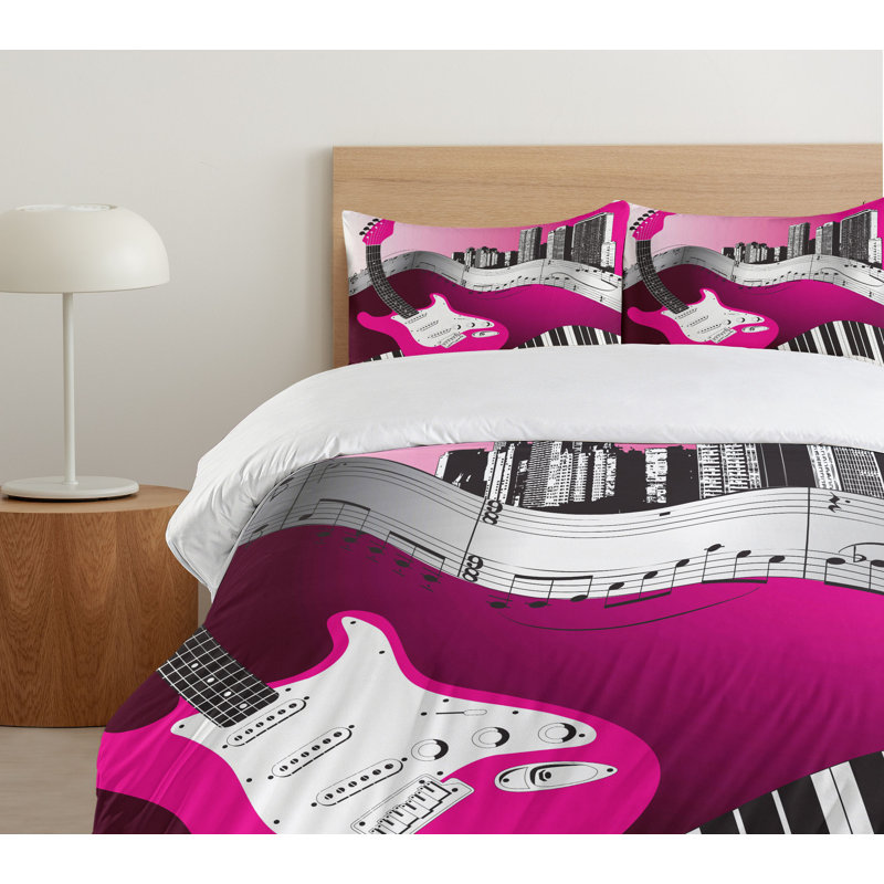 Hot Pink and Black Music Themed King Duvet Cover Set