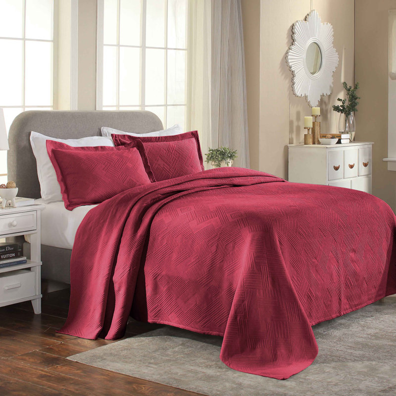 Scotia 100% Cotton All-Season Geometric Fret Jacquard Matelasse Bedspread/Coverlet Set, Queen Bedspread + 2 Shams, Burgundy