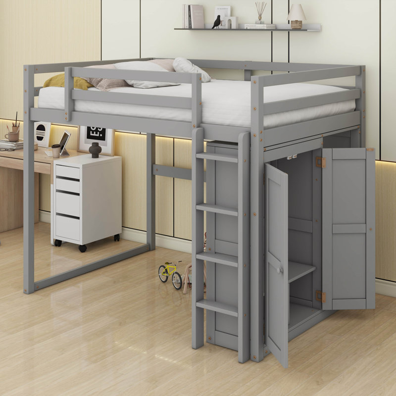 Lit mezzanine double avec garde-robe intégrée et tablettes de rangement, cadre de lit mezzanine en bois massif avec lumière DEL