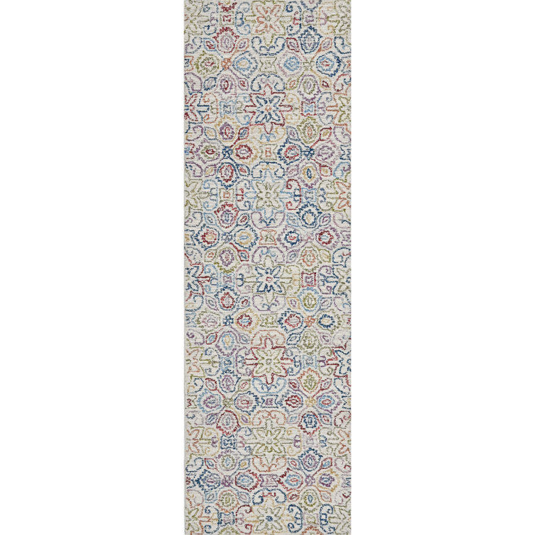 Cross Stitch Floral Hand Tufted Wool Area Rug in Cream/Blue/Red