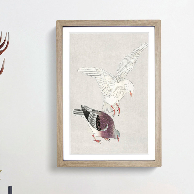 Two Pigeons by Ohara Koson - Picture Frame Painting Print, 36cm H x 27cm W x 2cm D, Oak Framed