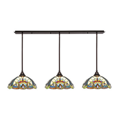 3 Light Stem Hung Linear Pendalier With 16" Earth Star Art Glass