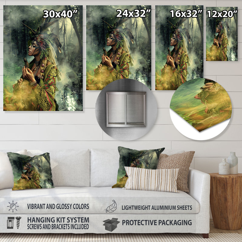 Mystical Shamana Forest Ritual I - Native American Woman, art mural, Sans cadre, métal, H 32 po x l 24 po