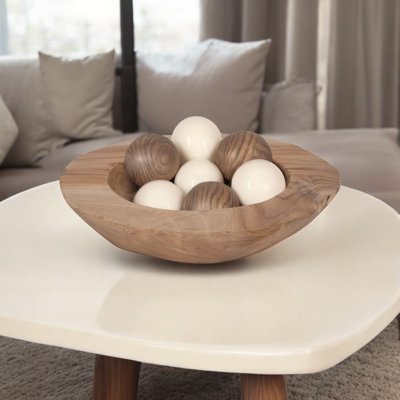 Bol décoratif décoratif en bois de teck organique pour présentation de fruits - Bol rond élégant et moderne pour la cuisine, la salle à manger ou le style de décoration intérieure - 16 po, brun