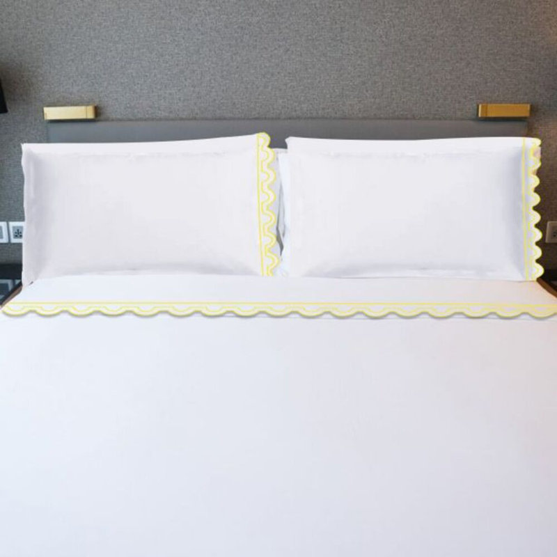400TC U Shape Scallop Embroidery Cotton 4 Piece Sheet Set Fitted Sheet Fits Upto 16" Deep Pocket, Queen Fitted Sheet