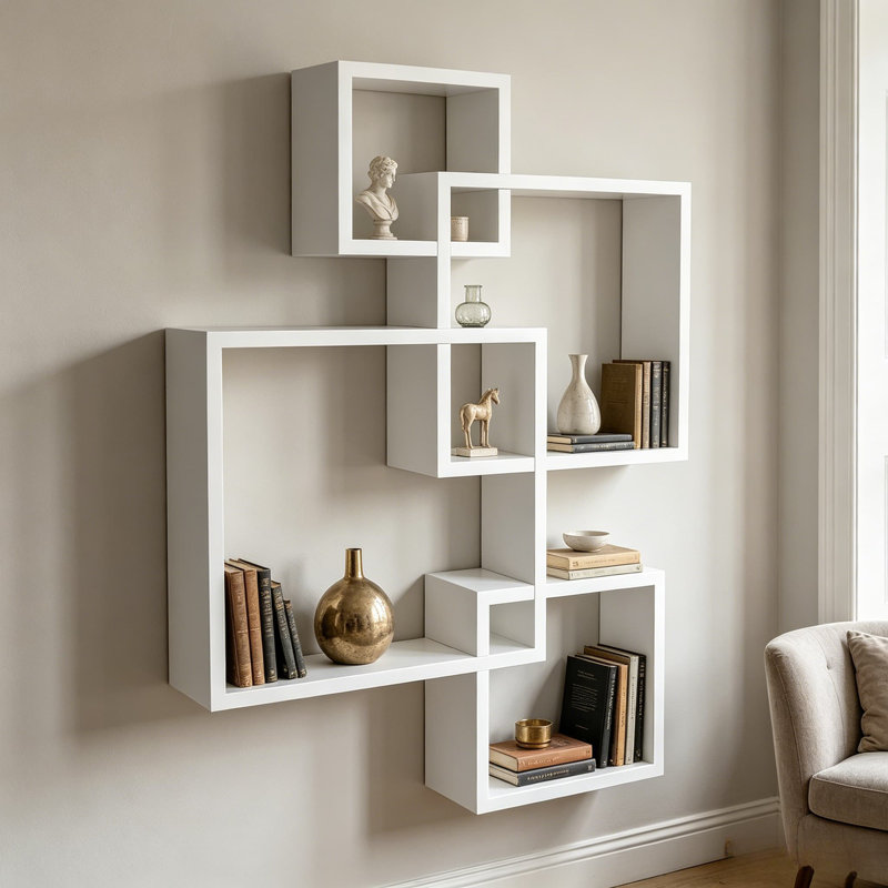 Intersecting Cube Floating Wall Shelf | 2-in-1 Geometric Decor & Display Accent Shelf | 25.5" H x 17.75" W x 4" D, Gray