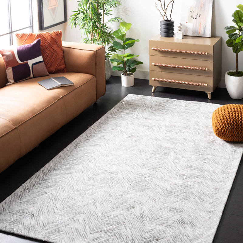 Tapis gris / ivoire en viscose / laine / coton touffeté à la main Kenosha, Rectangle 6 pi x 9 pi