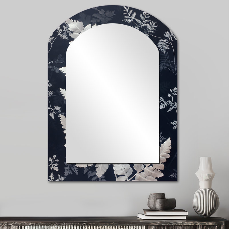 Monochrome White Black Ferns Botanical Bliss - Ferns Arch Mirror, White Asymmetrical Unique Wall Mirror, Printed Metal Art