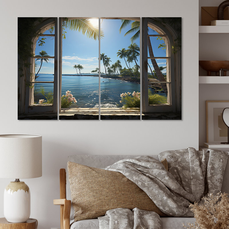 Océan tropical coucher de soleil à travers une fenêtre blanche ouverte II - art mural toile côtière - 4 panneaux