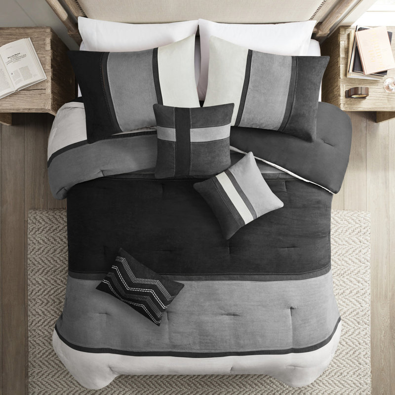 Ensemble de literie en faux suède 7 pièces - pour un édredon de style moderne, Black, Queen Comforter + 6 Additional Pieces