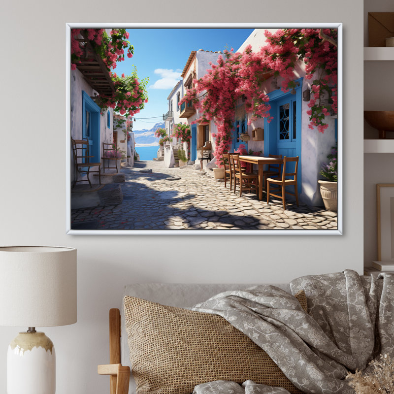 Grèce, Grèce, île grecque, art mural, H 30 po x l 40 po x P 1,5 po, Cadre flottant blanc
