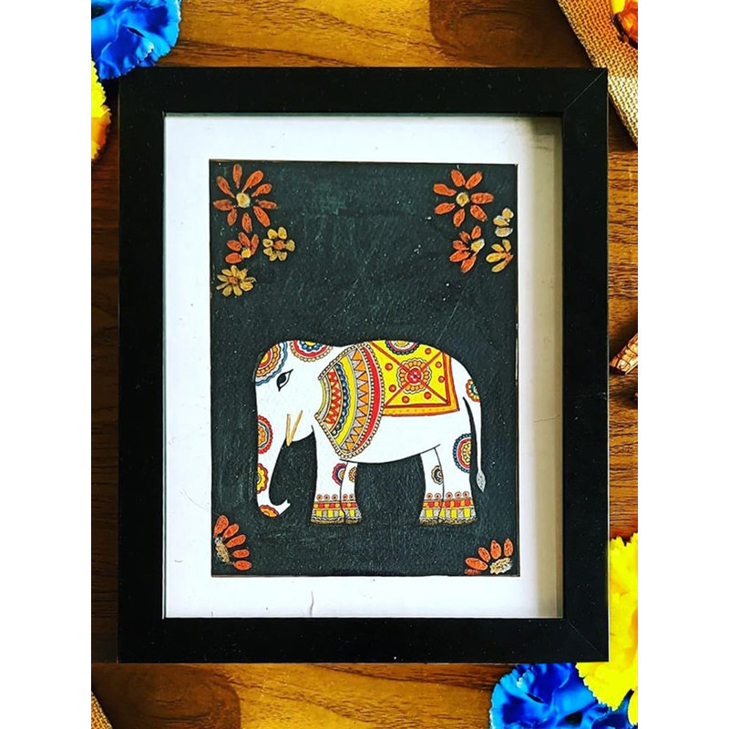 Madhubani, peinture d'éléphant | Peinture sur papier | Par Anshu Tripathi | Avec cadre