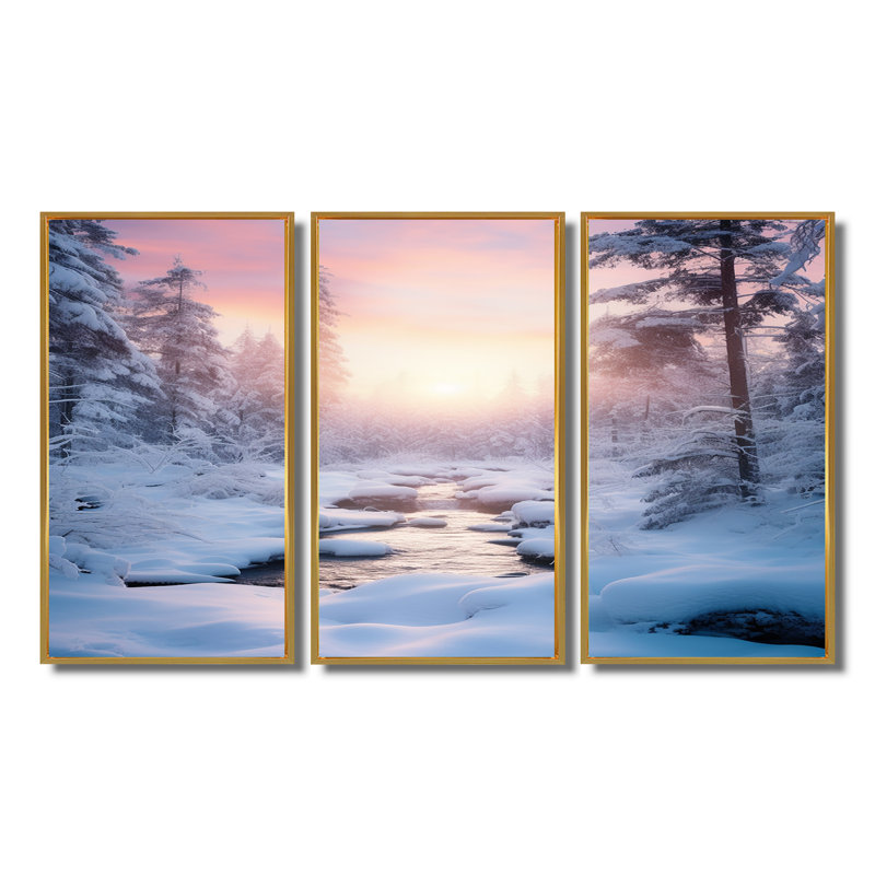 Ensemble de salon Misty Sunset Snowy Winter Forest - Snow Wall Art, Cadre flottant doré, H 40 po x l 60 po x P 1 po