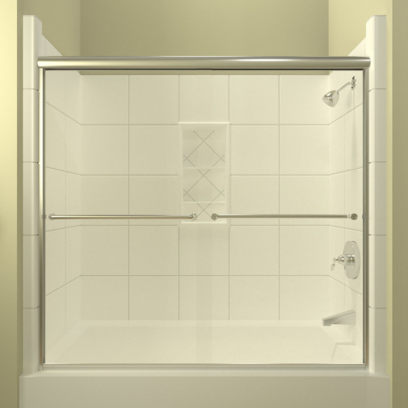 Ete 57.38 in. H Bypass Frameless Tub Door with Header and Clear Glass, Polished Chrome, 0.25"