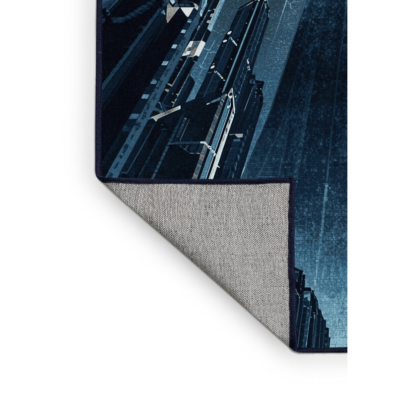 Tapis géométrique moderne lavable à la machine en bleu Alien City Warmley, 7 x 9