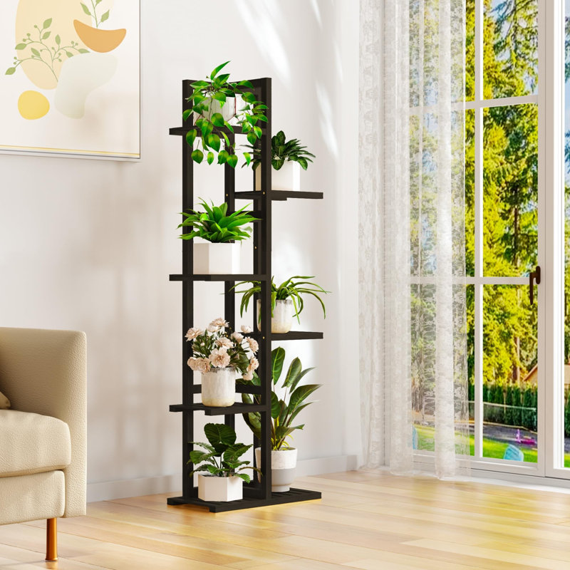 Étagère d'angle à 6 niveaux en bambou pour plantes, tablette d'intérieur haute pour plusieurs plantes, Brown