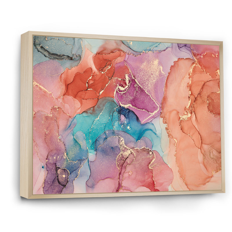 Turquoise et brun, art abstrait fluide de luxe III - peinture sur toile, H 30 po x l 40 po x P 1,5 po, Cadre flottant érable