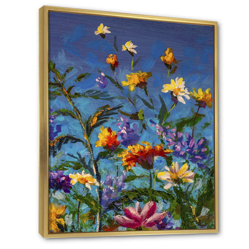Vibrant Colorful Wildflowers II - peinture sur toile, H 32 po x l 16 po x P 1 po, Toile à cadre flottant doré