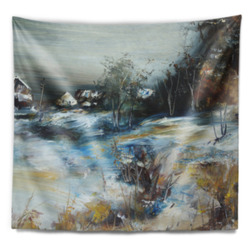 Village de paysage en tapisserie d'hiver, H 32 po x l 39 po