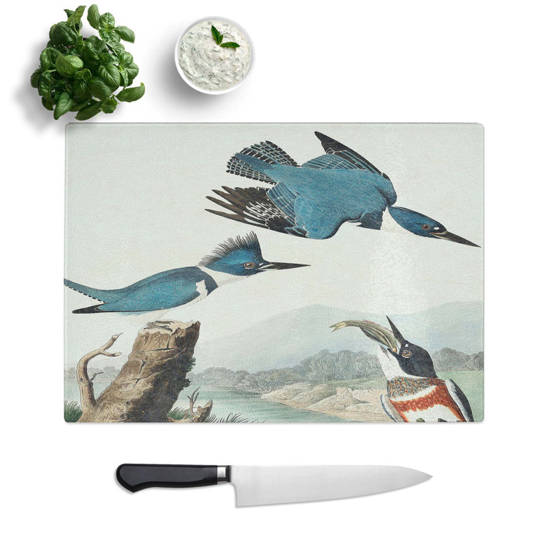 Tempered Glass Belted Kingfishers Chopping Board, 39 cm W x 28.5 cm L