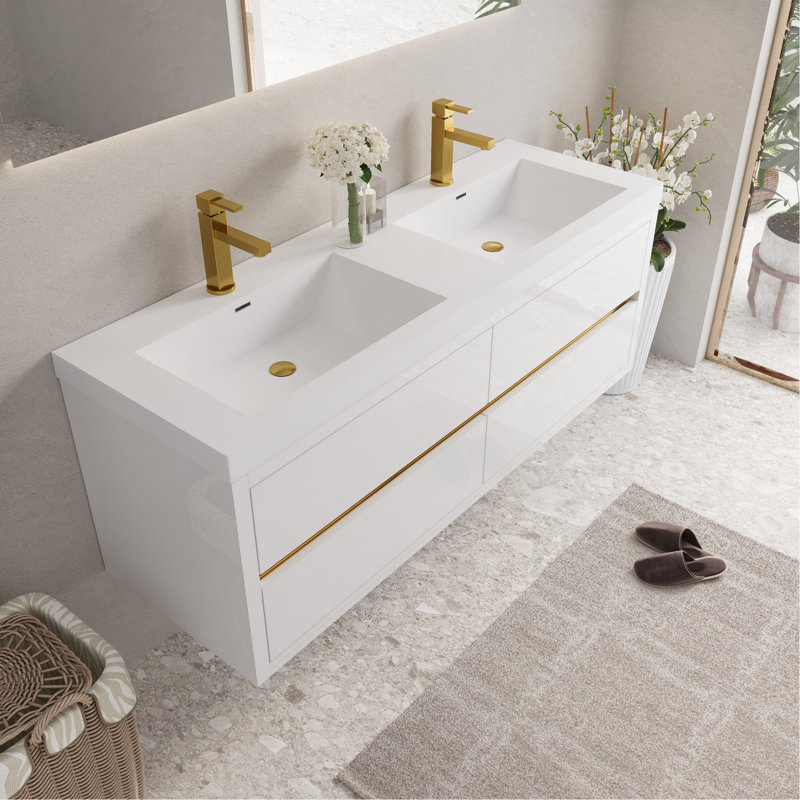 Meuble-lavabo flottant mural de 60 po, lavabo en résine en pierre blanc brillant, tiroirs à fermeture en douceur, pré-assemblé, rangement spacieux, meuble-lavabo en bois avec comptoir, entièrement blanc, bois d'eau, tracas