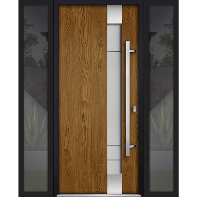 Porte avant en acier pré-suspendue à l'avant / deux en chêne naturel 1713/2 fenêtres extérieures latérales noires / inserts en acier inoxydable simples peints modernes - l 12 + 36 + 12 po x H 80 po - À gauche