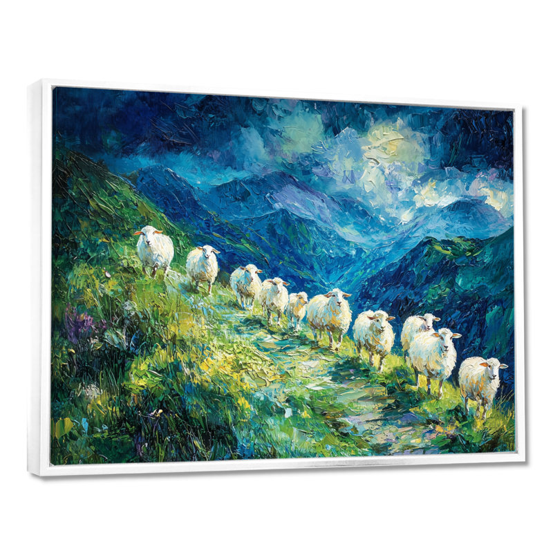 Gerbert Mountain Path of Sheep Family - Sheep, art mural, H 12 po x l 20 po, Impression encadrée flottante, Blanc