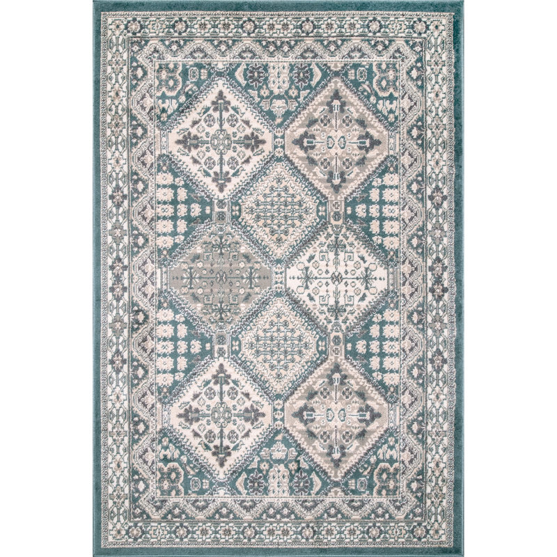 Shawna Tiled Southwestern Performance Blue Area Rug, Rectangle 8' x 10'