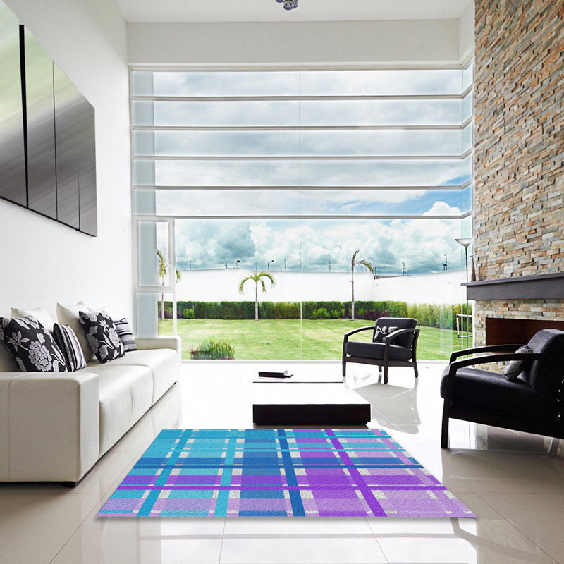 Tapis rouge/bleu à motifs, Carré 7 pi