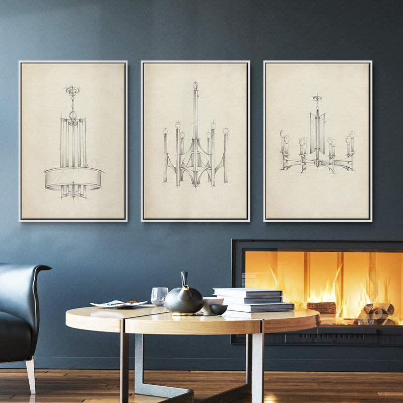 Ensemble de 3 pièces Mid-Century Chandelier I encadré sur toile, Blanc, H 40 po x l 78 po