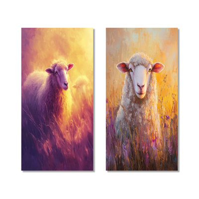 Lavender Sheep at Sunrise I – Animal Metal Wall Art Set of 2 Prints