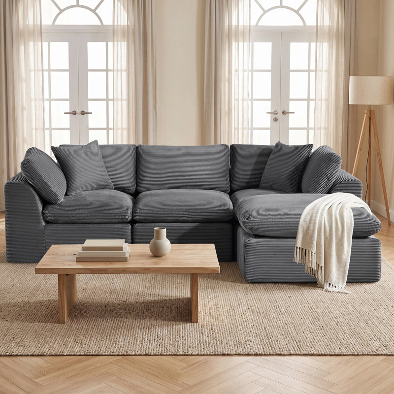 Canapé modulaire Boneless Balliet, En forme de L (3 places), Velours côtelé gris