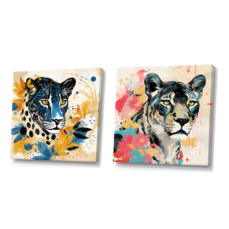 Collage de léopard jaune et bleu IV - ensemble de 2 impressions sur toile léopard, Toile tendue, H 16 po x l 33 po x P 1 po