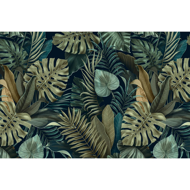 Botanique exotique de Midnight Jungle en vert foncé, L 96 po x l 144 po