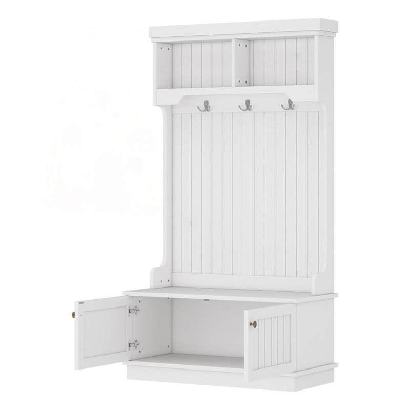 Stylish White Hall Tree With Shoe Bench, Coat Racks, And Storage For Entryways And Hallways, Maximizing Space And Organization