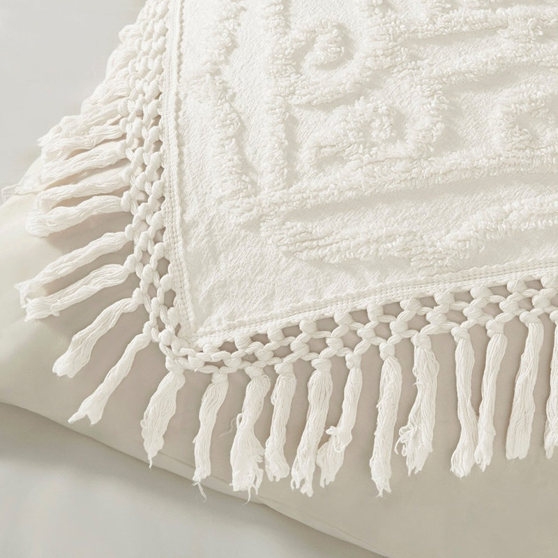 Couvre-lit à médaillon en coton chenille, Couvre-lit très grand + 2 taies, Géométrique beige