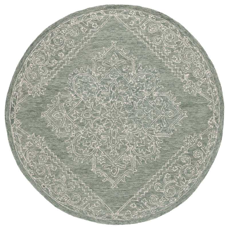 Tapis en laine / coton touffeté à la main Niti - vert / ivoire, Rond 6 pi