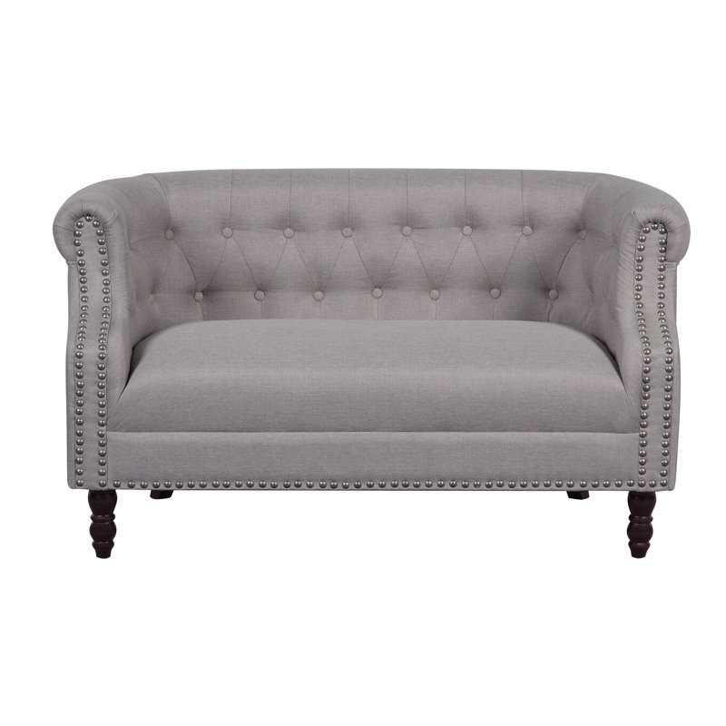 Acworth 54" Linen Rolled Arm Chesterfield Loveseat, Beige/Light Grey