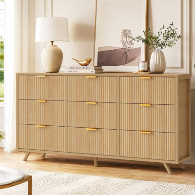 Commode 9 tiroirs l 57 po avec tiroirs cannelés en tissu, plateau en bois et dispositif anti-basculement