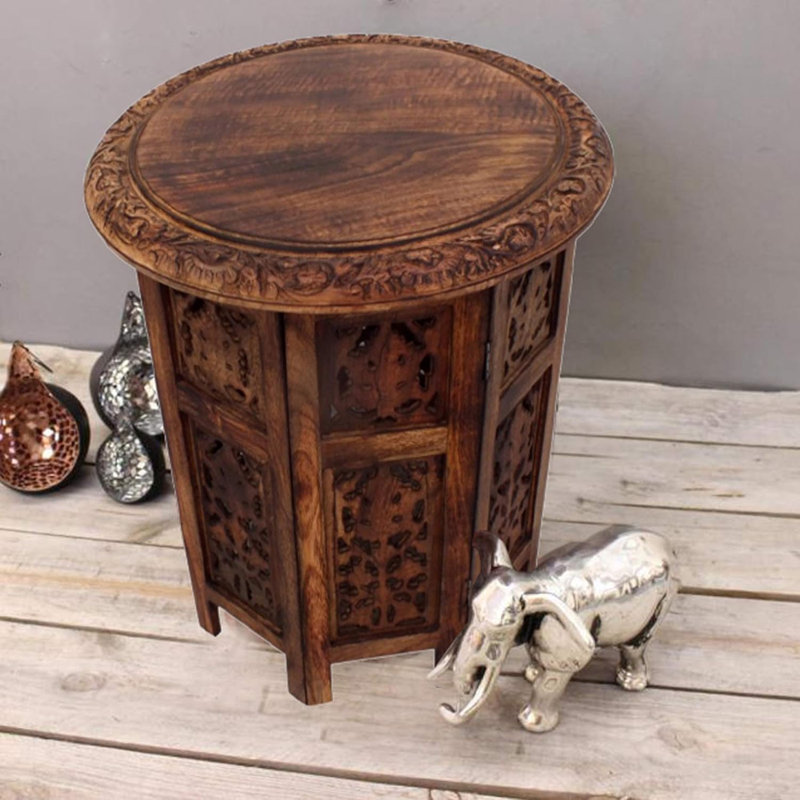 Handcrafted 18" Folding Mango Wood Round Accent Table With Carved Octagonal Base